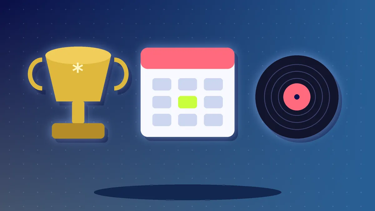 Illustration of a golden trophy, a calendar and a vinyl record