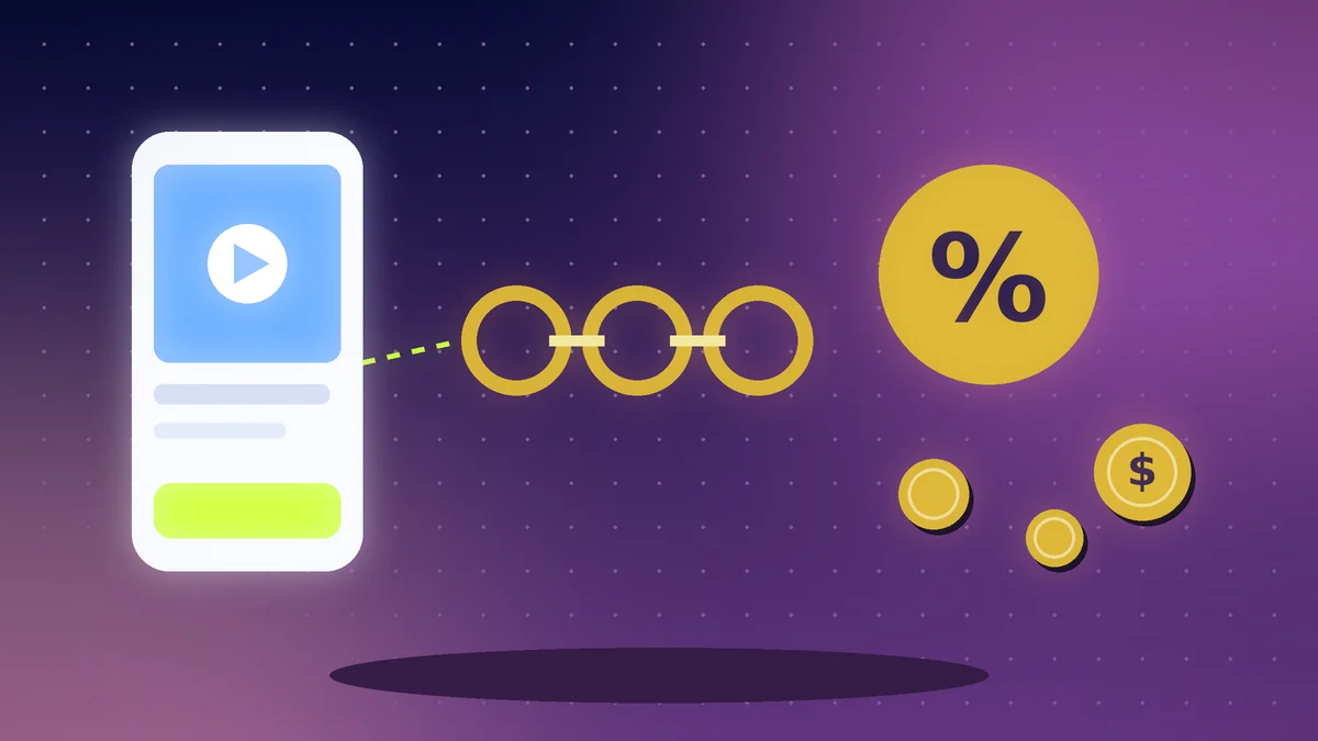 Phone showing a video, a chain of golden links and a percentage badge with coins