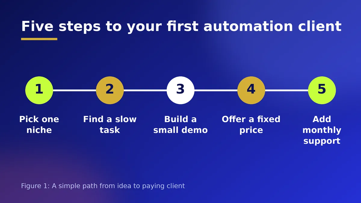 Five numbered steps from picking a niche to monthly support