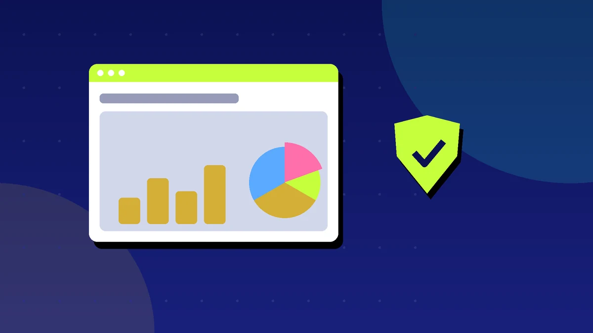 Budgeting dashboard with charts and a padlock shield, representing secure automated finance tracking