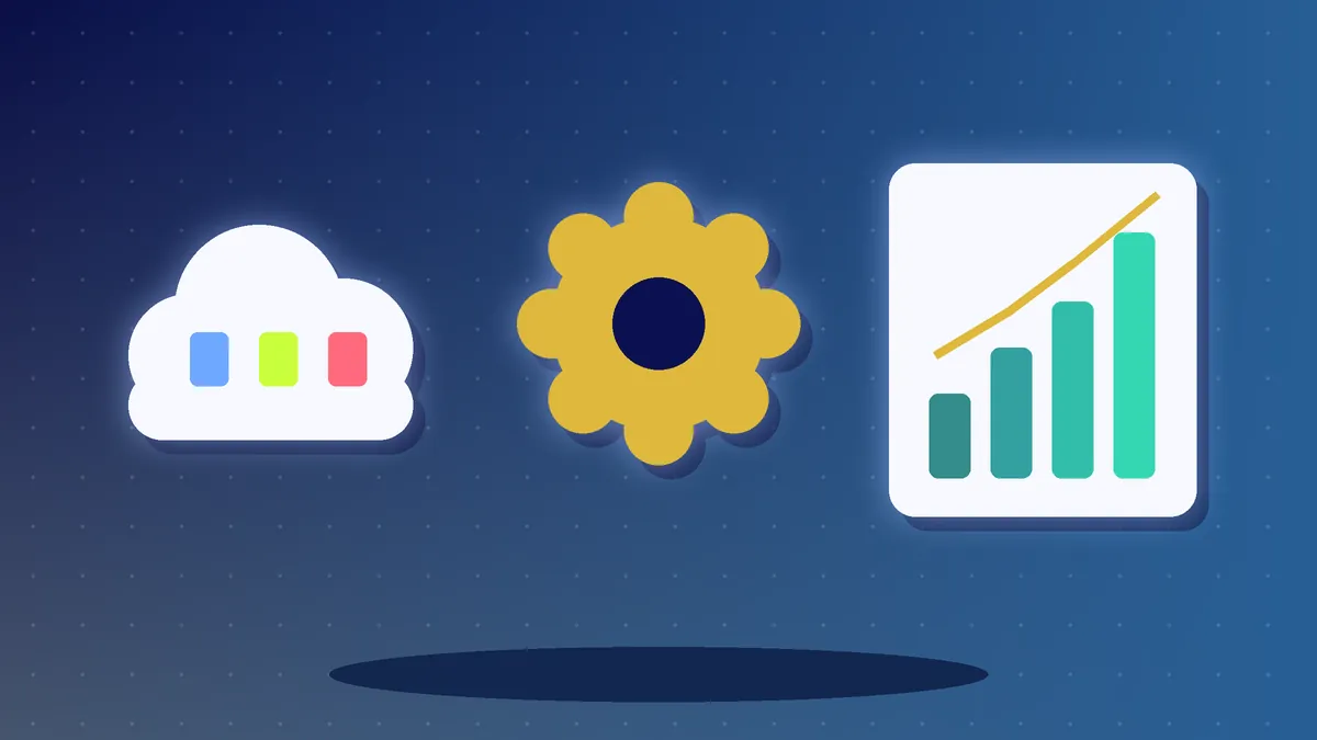 Illustration of a cloud with servers, a gear and a rising bar chart