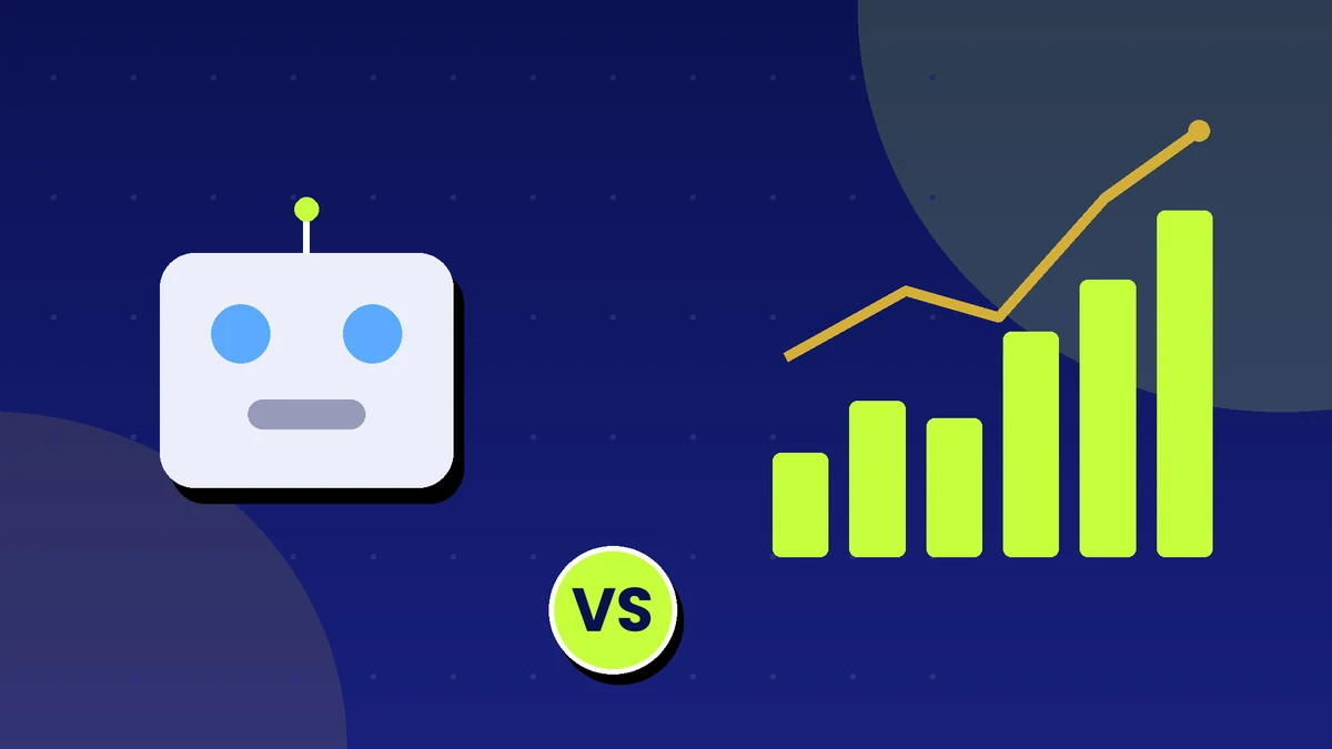 Friendly robot beside a rising investment chart with a VS badge