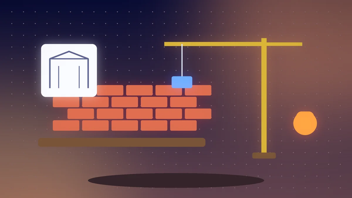 Brick wall under construction with a crane and a house plan