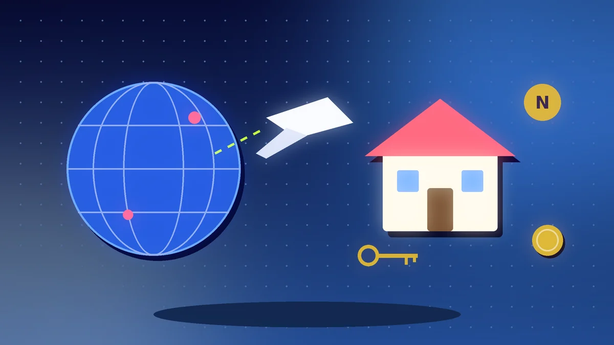 Globe with a plane heading to a house with a key and a Naira coin