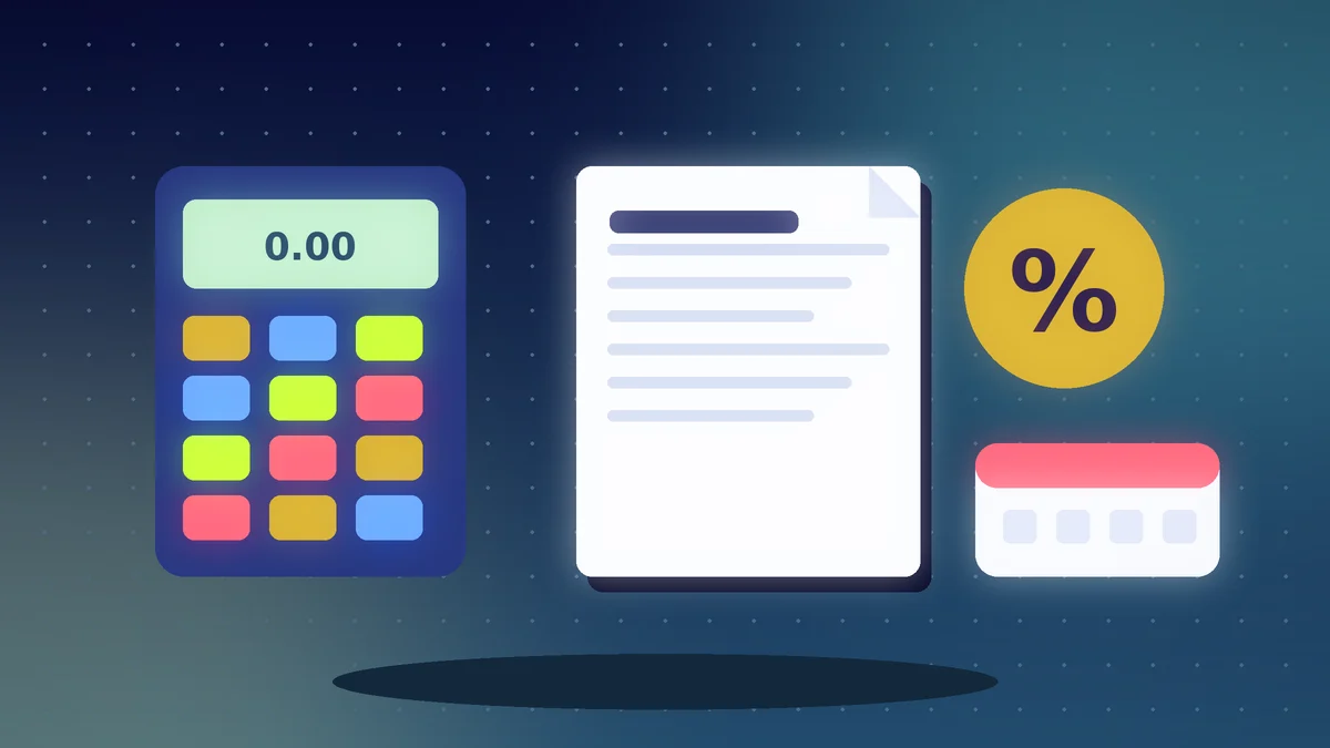 Calculator, a tax document with a percent badge and a calendar