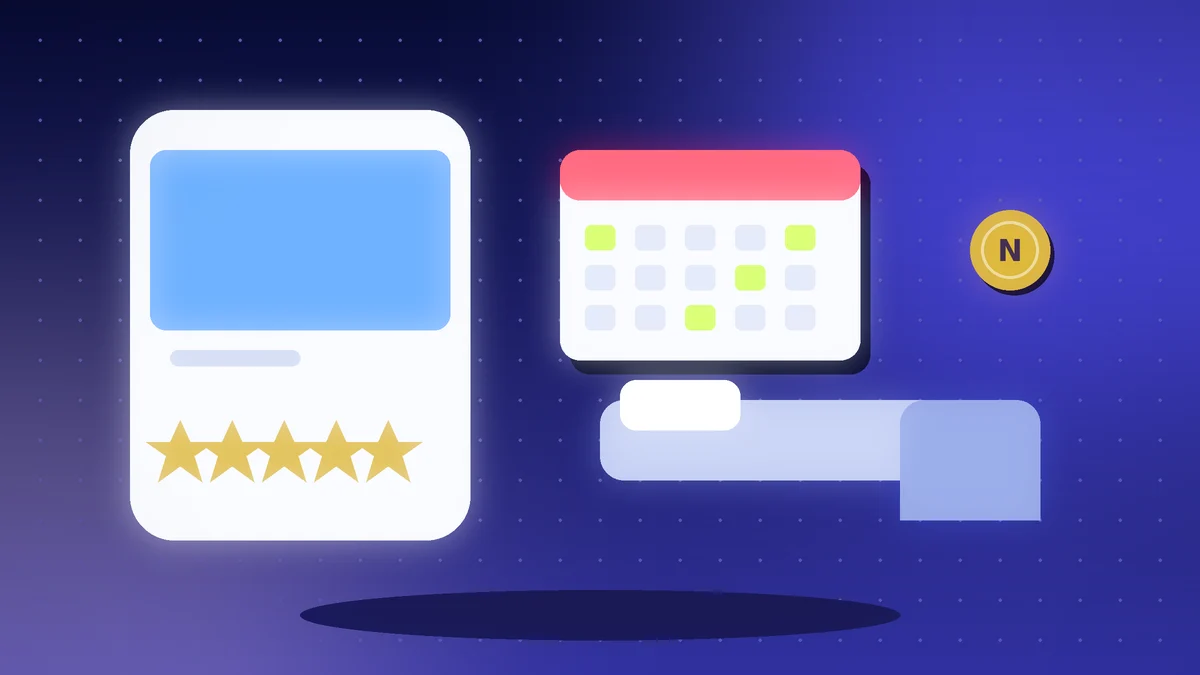 Phone with five stars and a listing photo, a booking calendar and a bed