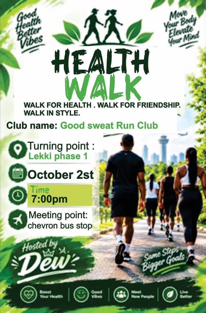 Good Sweat Run Club Health Walk flyer: meeting point Chevron bus stop, 7:00pm, hosted by Dew
