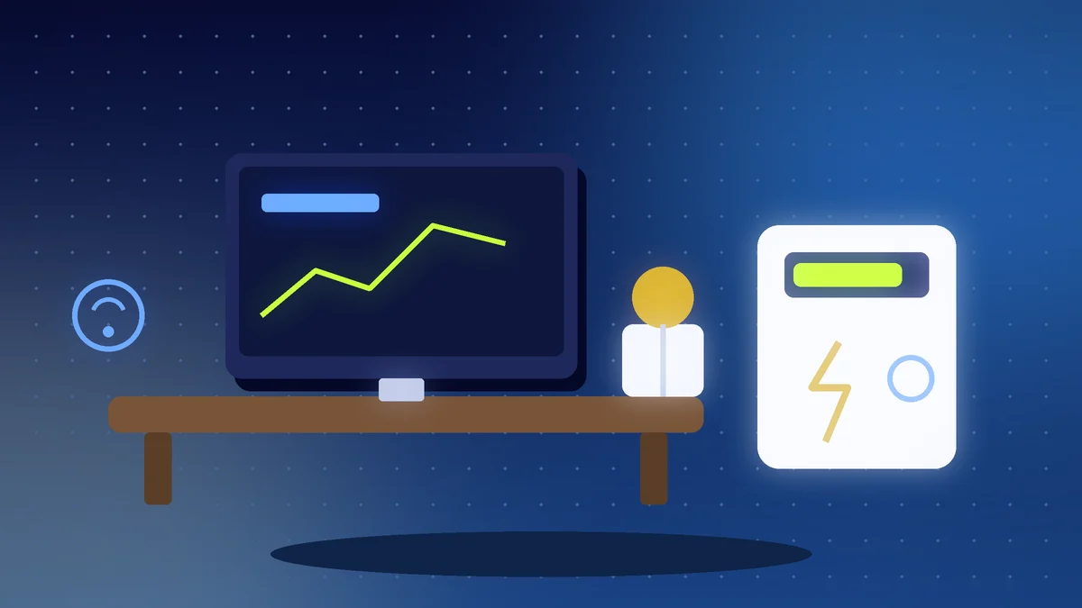 Desk with a monitor showing a chart, a lamp, a Wi-Fi symbol and a power backup unit