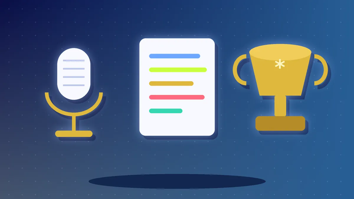 Illustration of a microphone, a document and a golden trophy