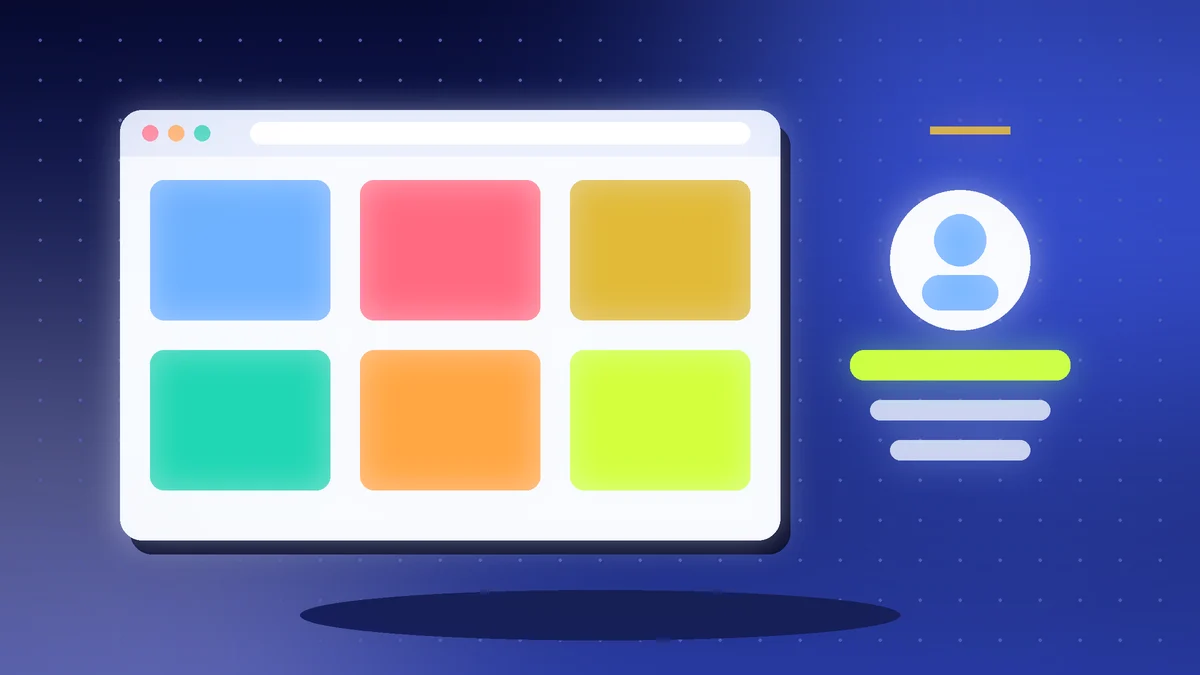 Browser window with a grid of project thumbnails beside a profile card