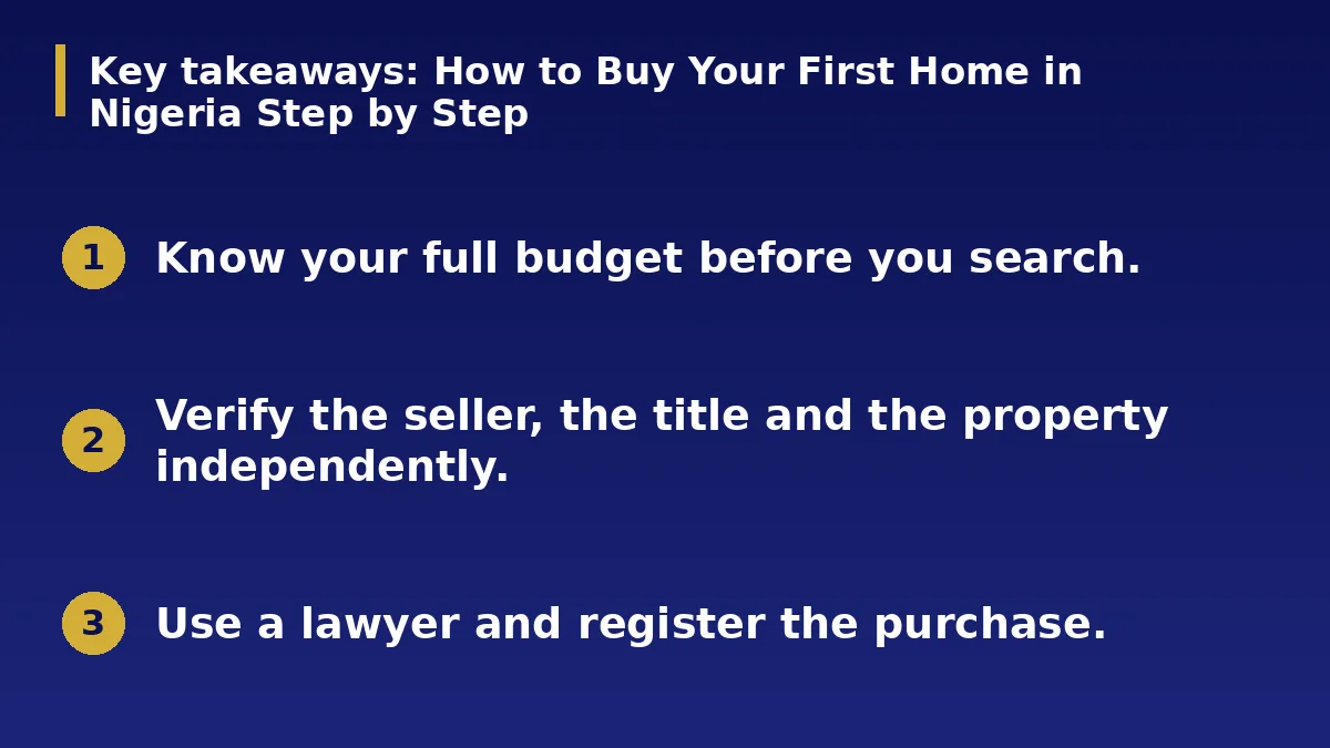 The three main points of this guide: How to Buy Your First Home in Nigeria Step by Step