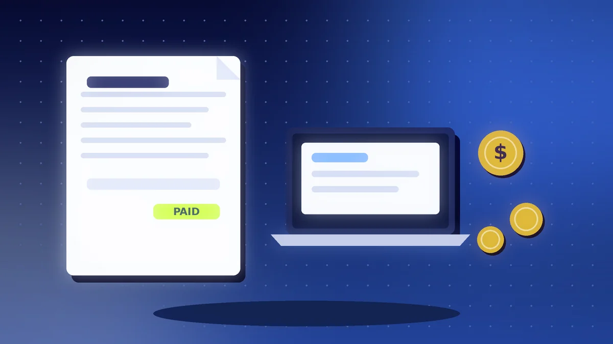 Invoice marked PAID beside a laptop showing a billing page and gold coins