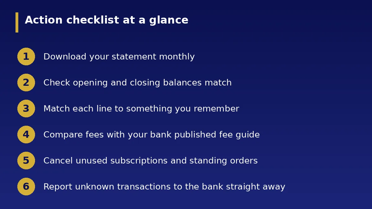 The action checklist at a glance: How to Read a Bank Statement and Spot Hidden Charges