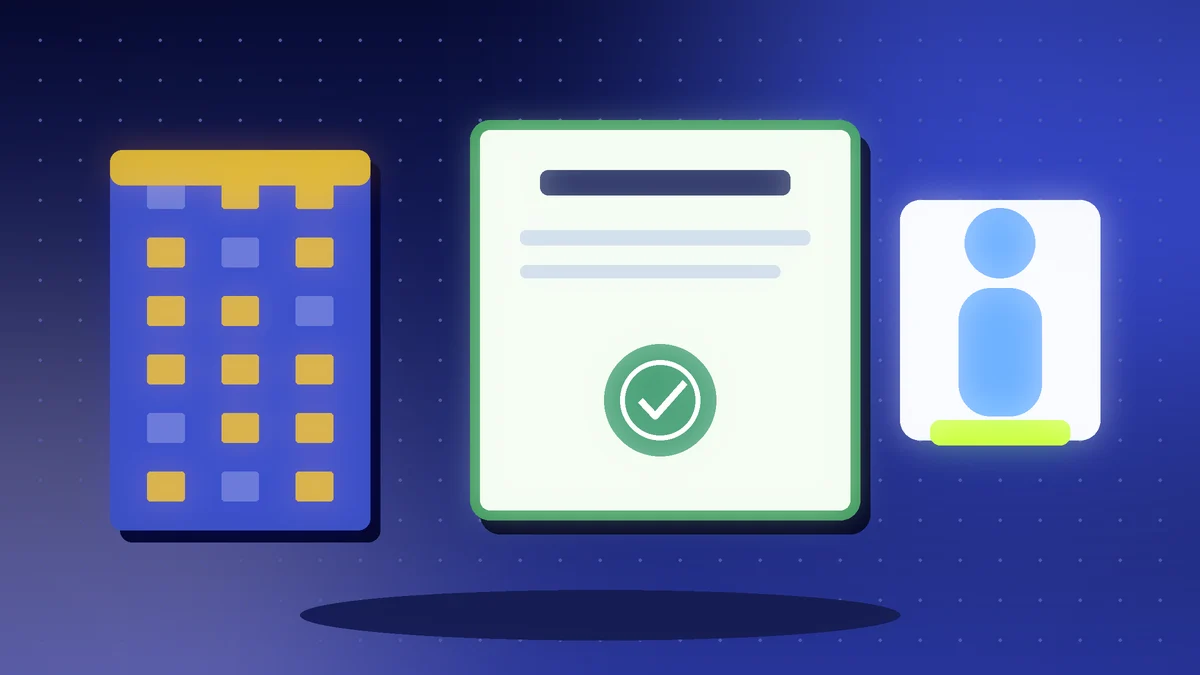Office building, a green certificate with a check mark and a profile card