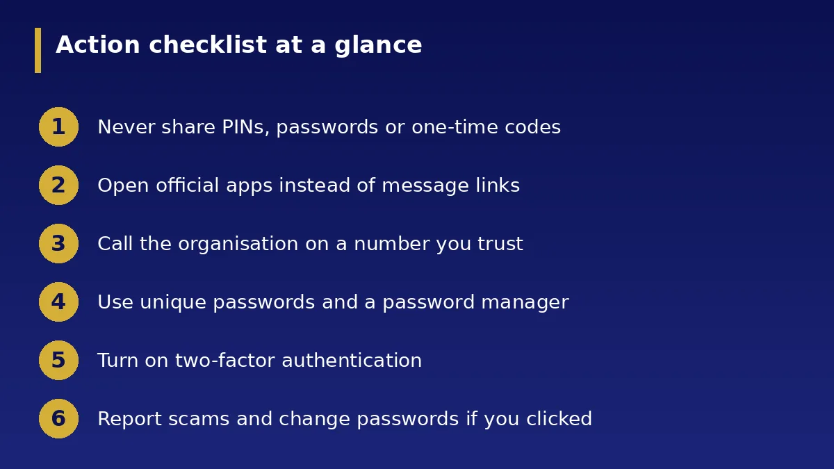 The action checklist at a glance: How to Spot Phishing Emails and SMS Scams