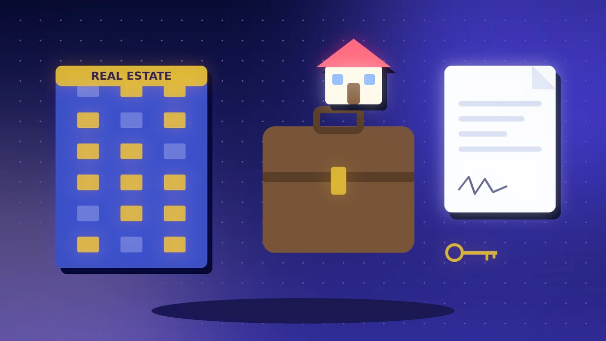 Real estate office building, a briefcase, a small house, a signed agreement and a key