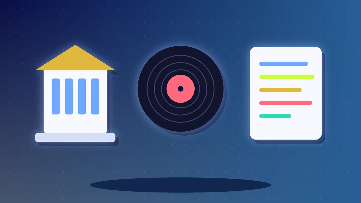 Illustration of a bank building, a vinyl record and a document