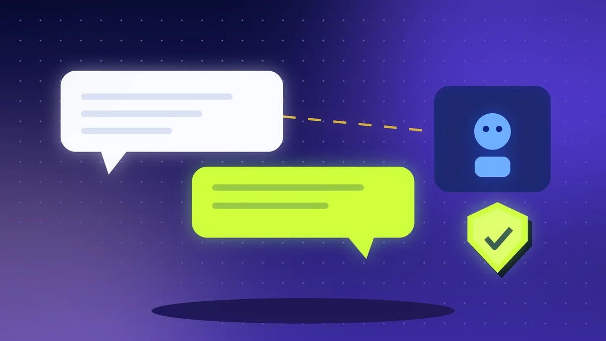 Chat bubbles beside a friendly robot panel and a shield with a check mark