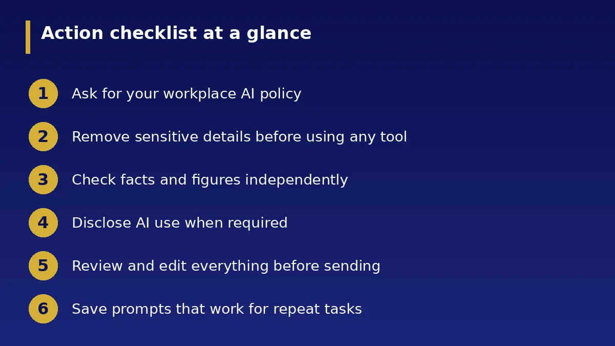 The action checklist at a glance: How to Use AI Tools Safely at Work