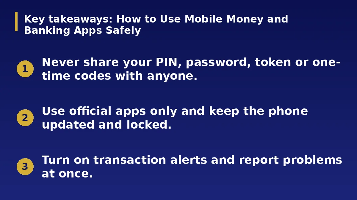 The three main points of this guide: How to Use Mobile Money and Banking Apps Safely