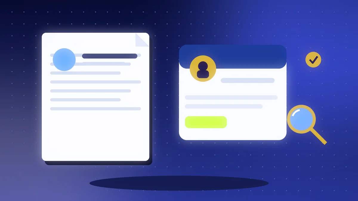 CV document beside a professional profile card with a magnifying glass
