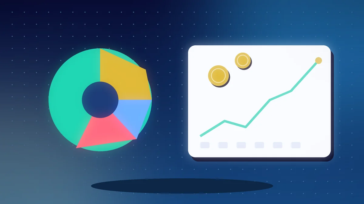 Colourful pie chart beside a rising line chart with gold coins