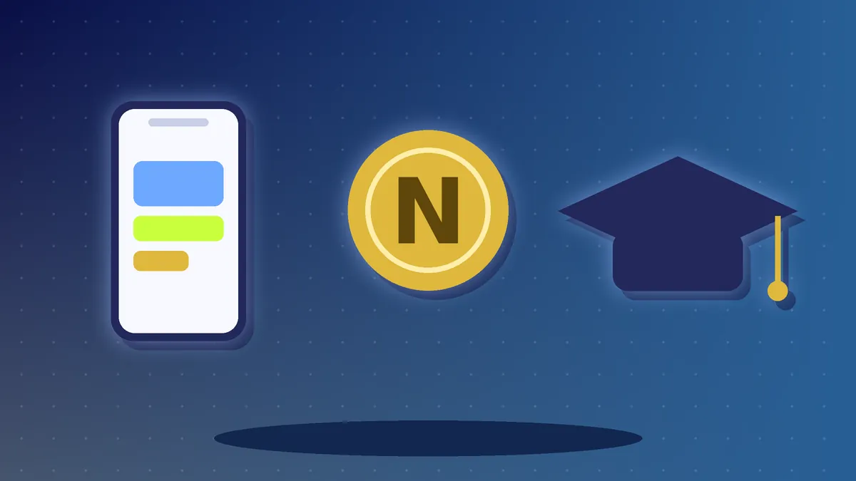 Illustration of a phone screen, a Naira coin and a graduation cap