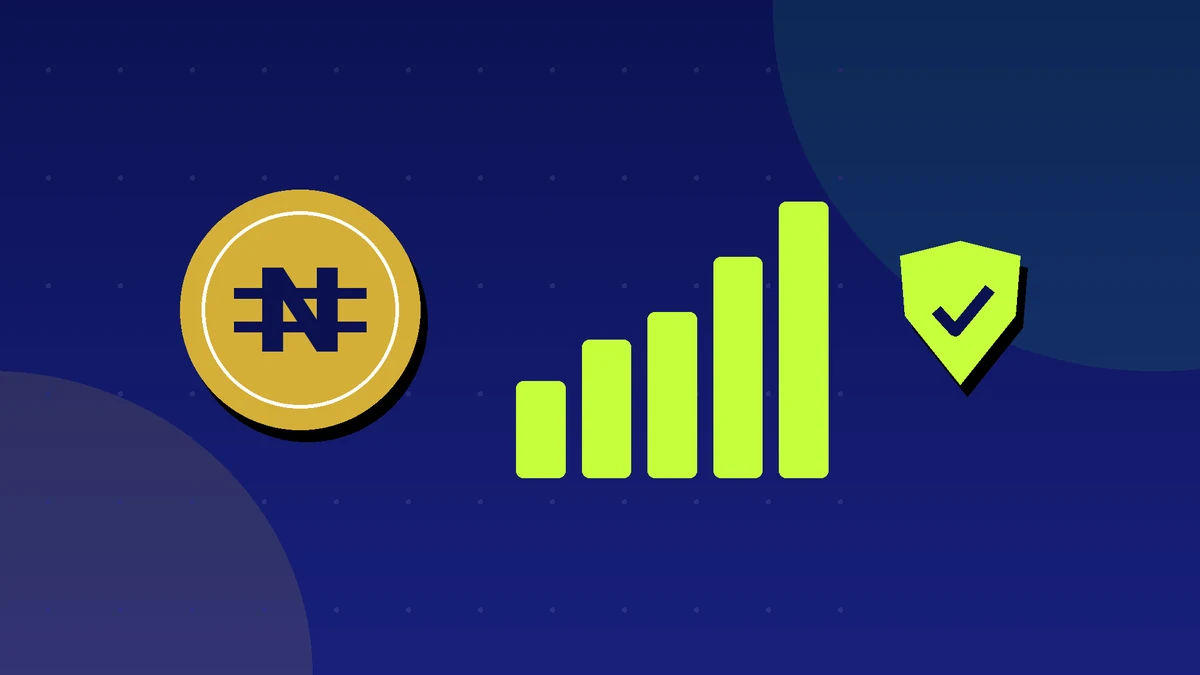 Illustration of a Naira coin, a rising bar chart and a shield with a check mark