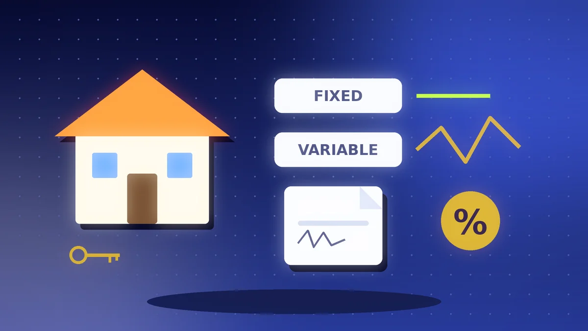House beside FIXED and VARIABLE labels, a percentage coin and a signed document
