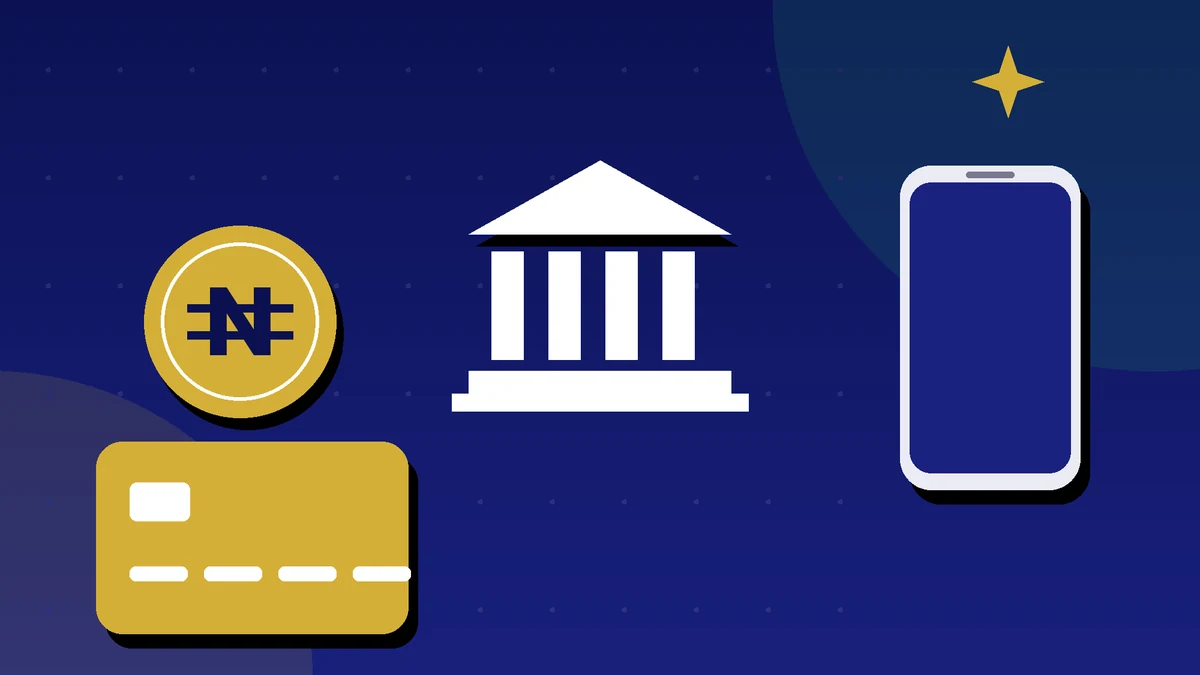 Gold Naira coin, bank building, smartphone and bank card on a green background