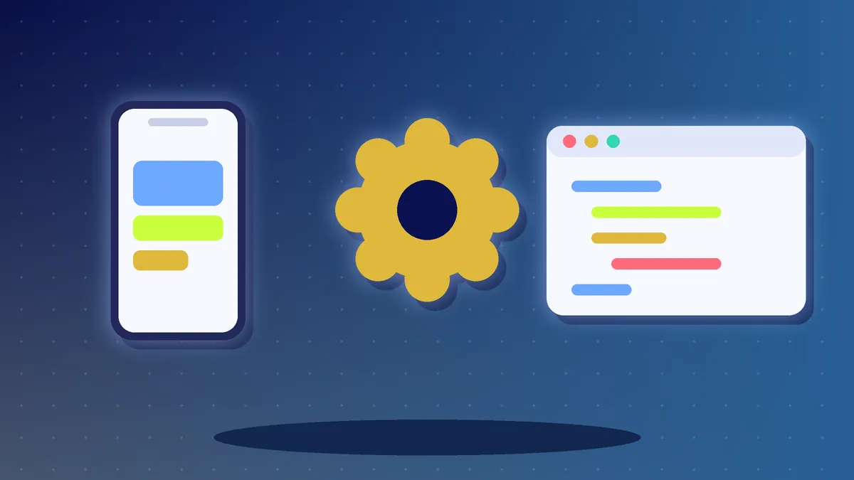 Illustration of a phone screen, a gear and a code window