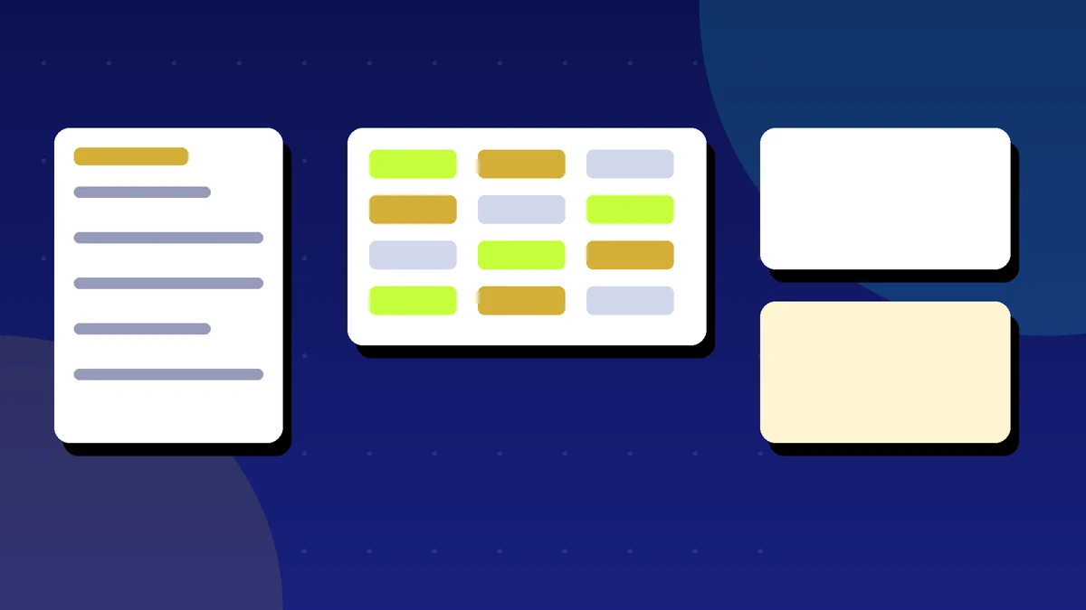 Connected database table, document and board cards representing a Notion workspace