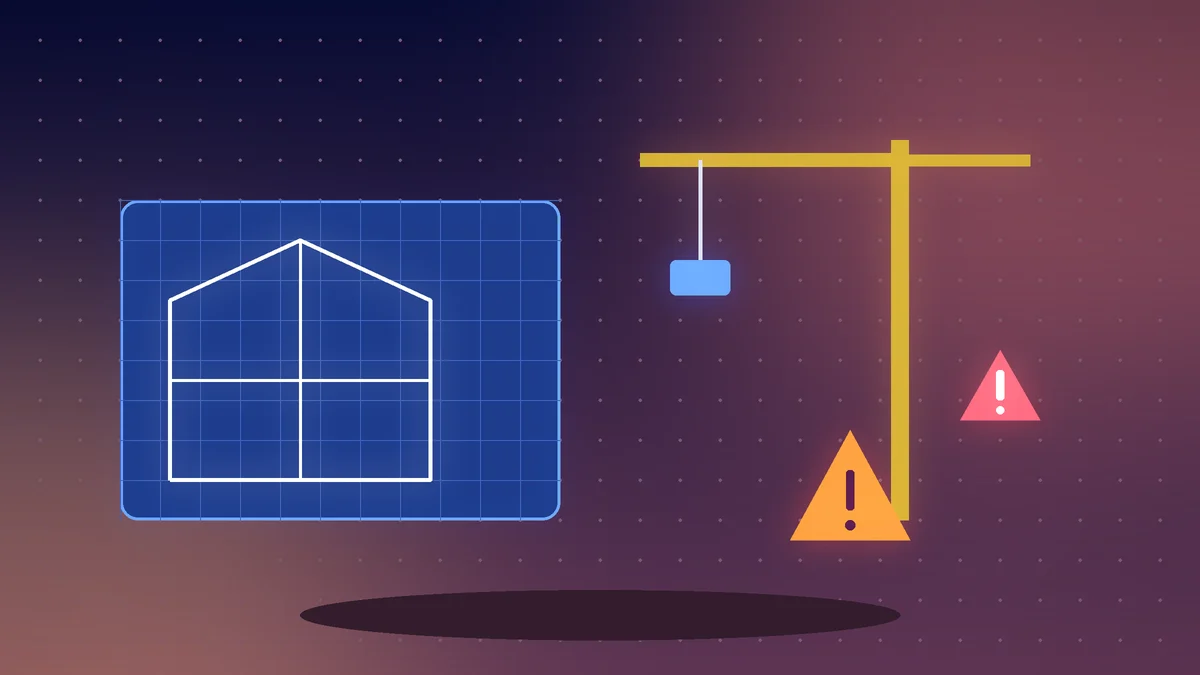 Blueprint, a construction crane and orange and pink warning triangles