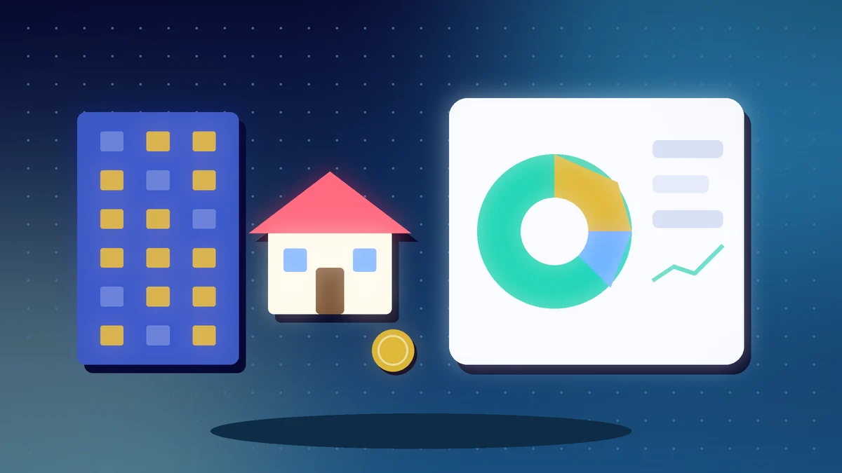 Apartment block and house beside a pie chart and a small line chart