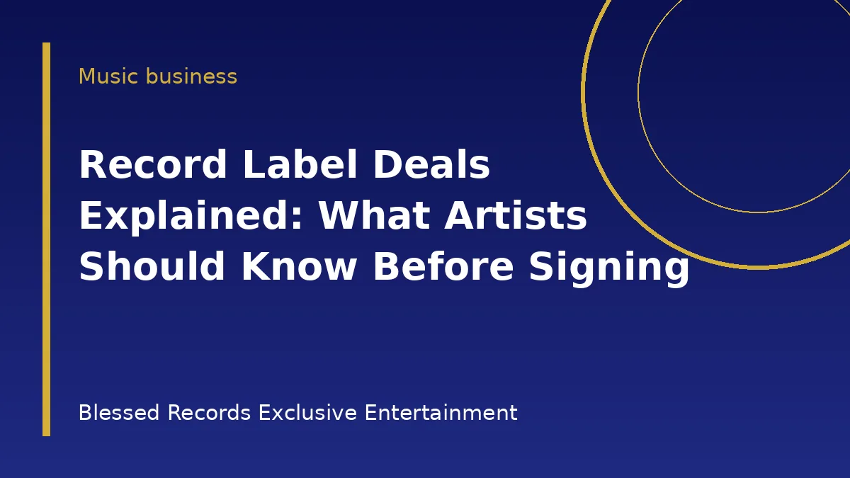 Artist reading a record deal beside a pen, a vinyl record and a lawyer