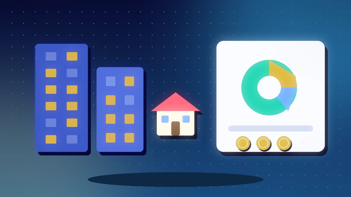 Apartment buildings and a house beside a pie chart and small gold coins