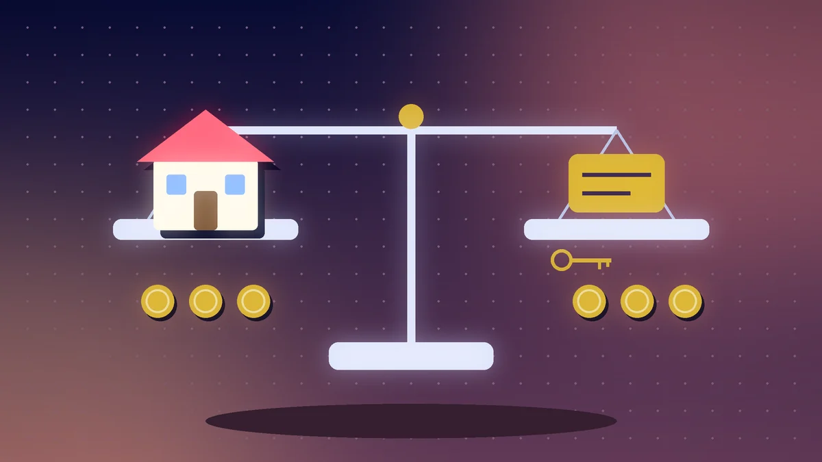 Balance scale with a house on one side and a rent card on the other