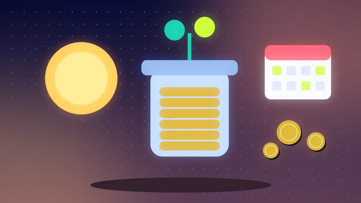 Glass jar of gold coins with a sprouting plant, a sun and a calendar