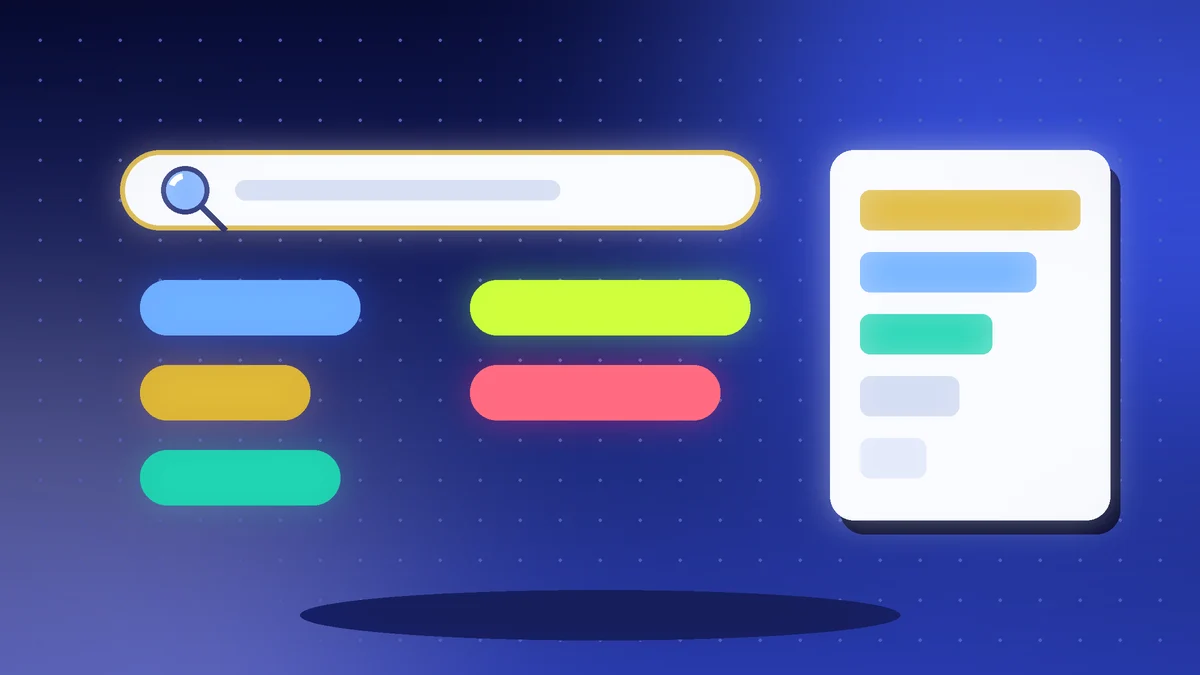 Search bar with coloured keyword tags and a ranked results panel