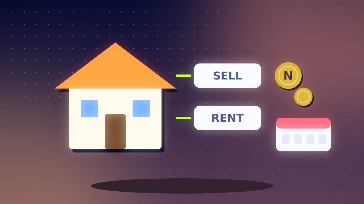 House with SELL and RENT labels, a Naira coin and a calendar