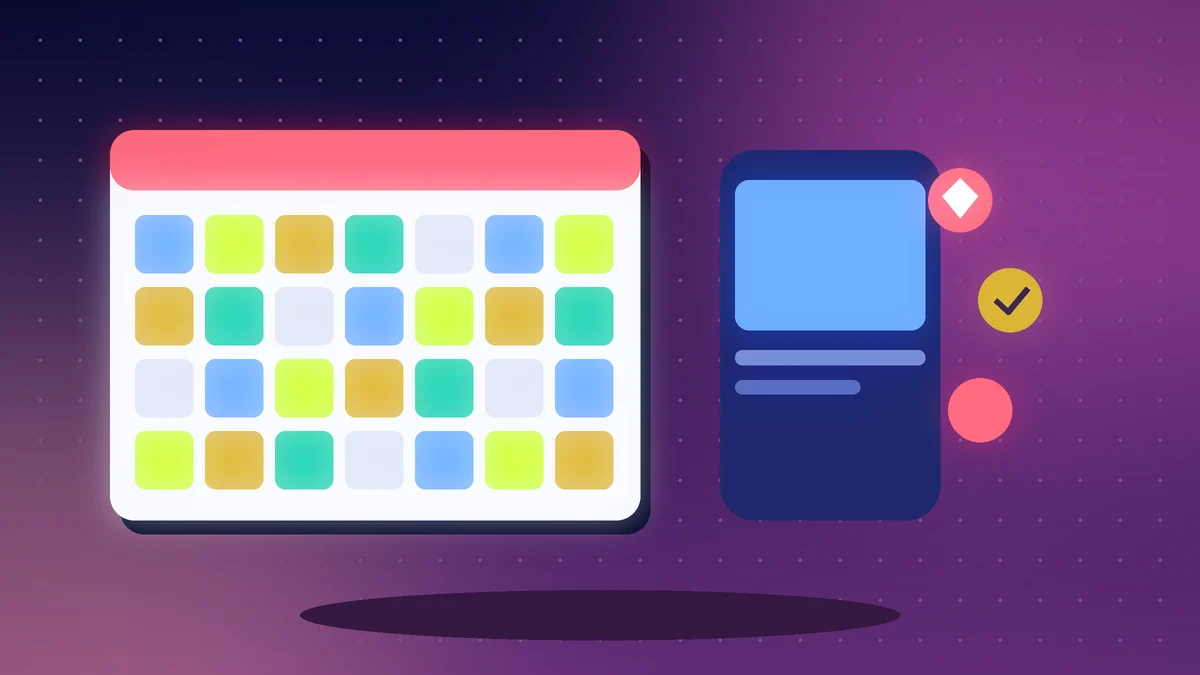 Colourful content calendar grid beside a phone showing a post with likes