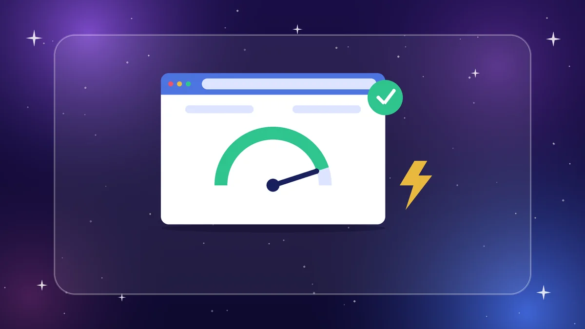 Browser window with a speedometer showing a fast website