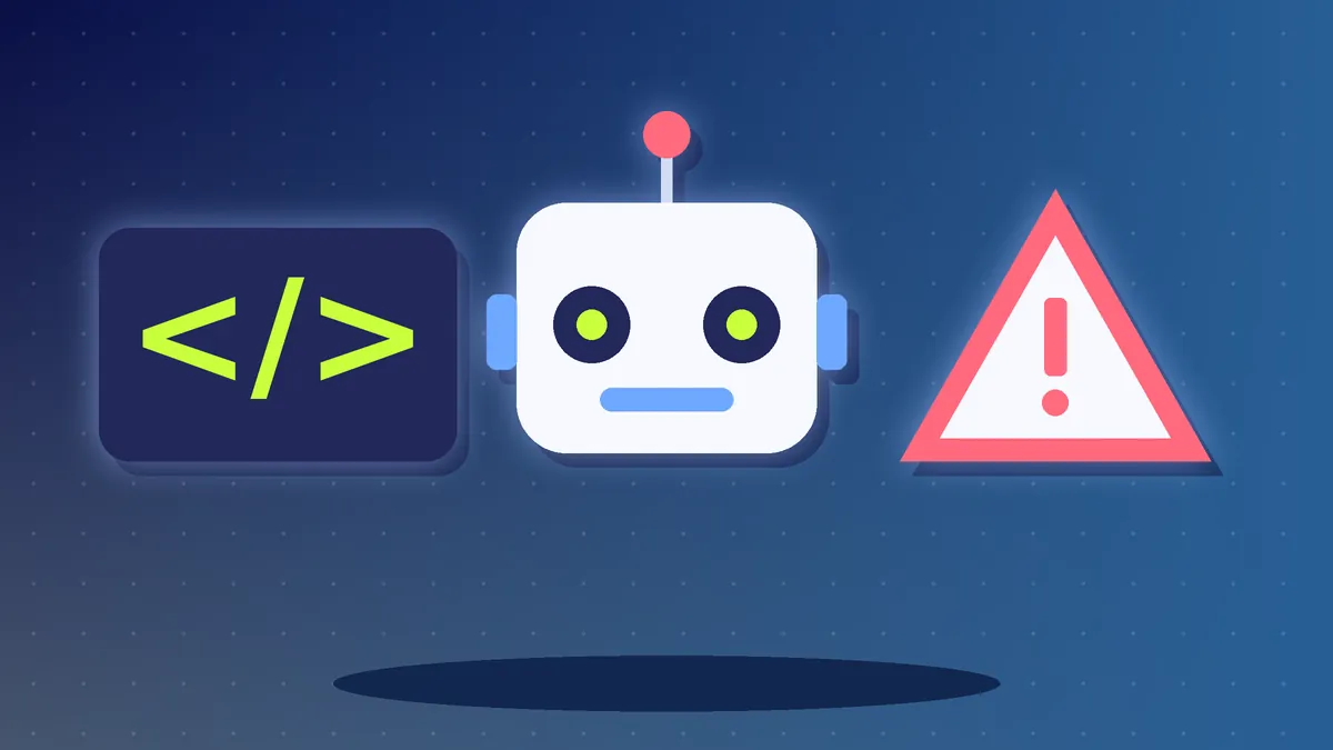Illustration of a code symbol, a friendly AI robot and a warning triangle