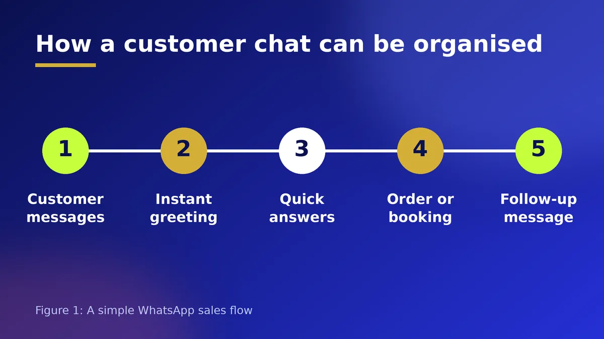 Five-step flow from first message to follow-up in WhatsApp