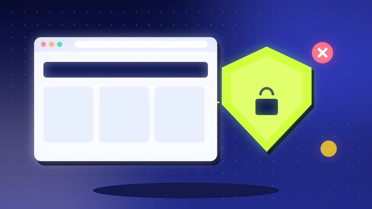 Browser window with a shield and padlock beside it and a red warning badge