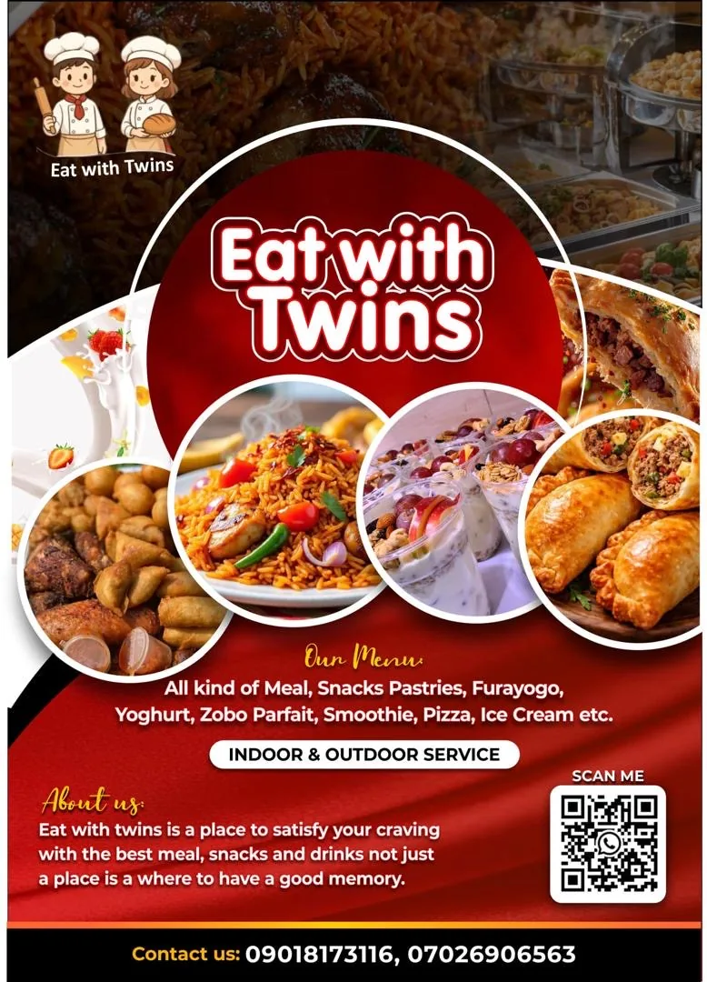 Eat with Twins advert flyer showing jollof rice, meat pies, snacks, zobo parfait and yoghurt, with contact numbers 09018173116 and 07026906563