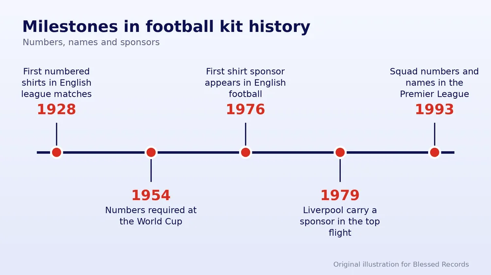 Timeline of kit milestones from 1928 numbered shirts to 1993 names and squad numbers