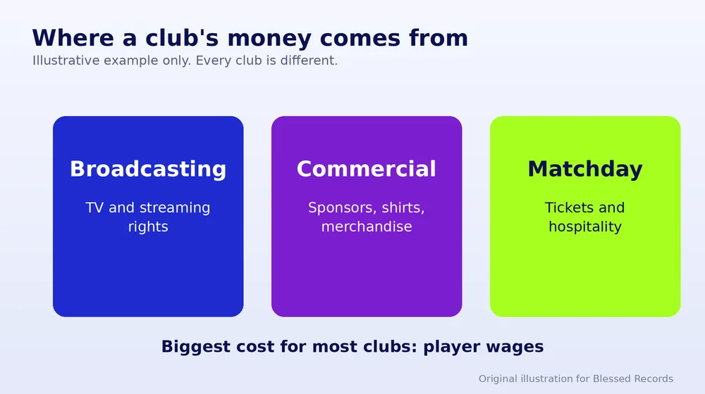 Three boxes showing broadcasting, commercial and matchday income as the main sources of club revenue